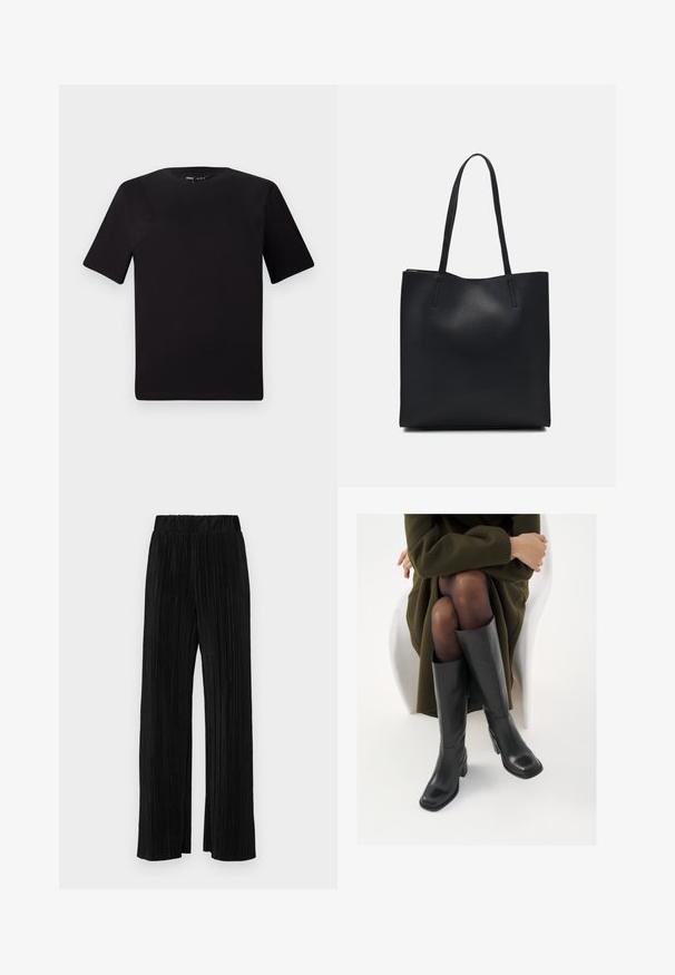Black short-sleeve t-shirt with a round neckline, crafted from soft cotton fabric. Simple design, no visible logos or patterns.; Black pleated trousers with an elastic waistband. Features wide legs and a smooth, textured fabric with vertical stripes.; Knee-high black leather boots with a squared toe and block heel, shown with a model seated in an olive green coat. Smooth texture, minimal detailing.; Black leather tote bag with smooth texture, rectangular shape, and two long handles. No visible hardware or embellishments.