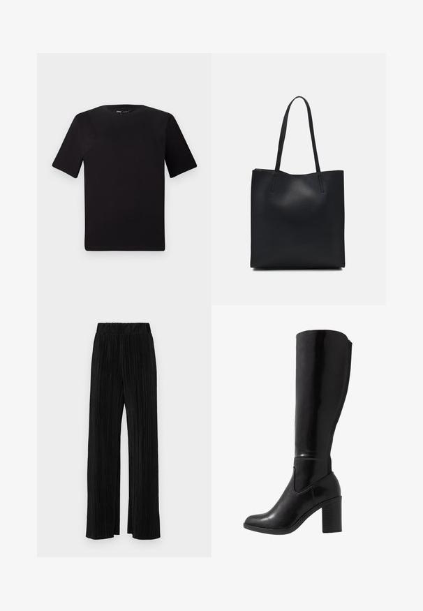 Zwarte T-shirt met korte mouwen en een ronde hals, gemaakt van zachte katoenstof. Eenvoudig ontwerp, geen zichtbare logo's of patronen.; Zwarte geplooide broek met een elastische tailleband. Beschikt over wijde pijpen en een glad, gestructureerd stof met verticale strepen.; Knee-high zwarte glanzende haklaarzen met een ronde neus, een gladde textuur, zijuitsnijding en een chunky gestapelde hak.; Zwarte leren handtas met een gladde textuur, rechthoekige vorm en twee lange handvaten. Geen zichtbare hardware of versieringen.