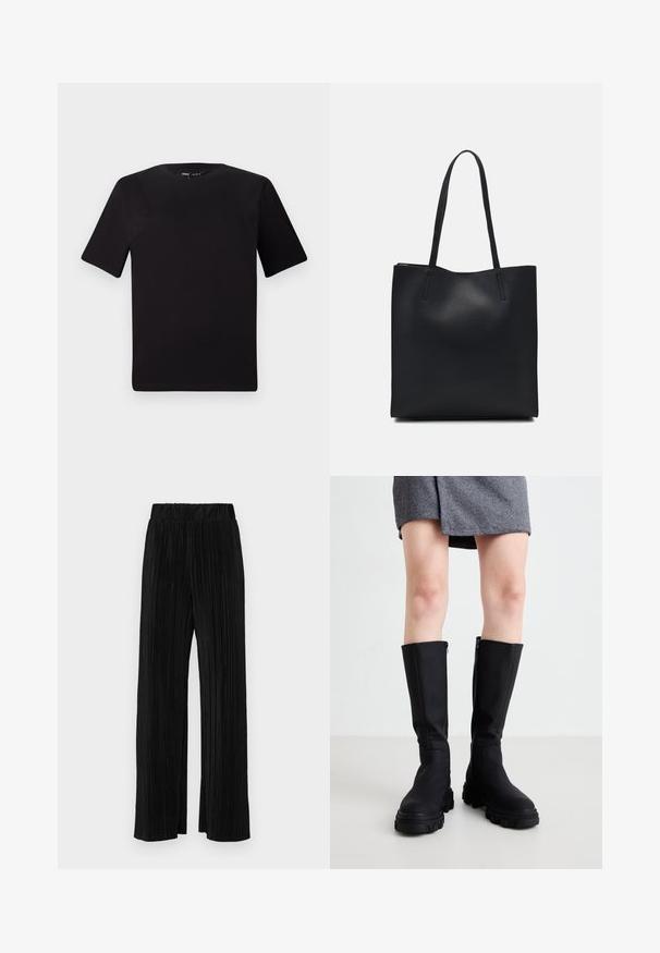 T-shirt preta de mangas curtas com decote redondo, feita de tecido de algodão suave. Design simples, sem logótipos ou padrões visíveis.; Calças pregueadas pretas com uma cintura elástica. Apresentam pernas largas e um tecido liso, texturizado com riscas verticais.; Botas pretas até ao joelho com um acabamento liso, solas grossas e um fecho lateral subtil. Combinadas de forma estilosa com uma saia cinza em padrão espinha de peixe.; Bolsa tote preta em couro com textura lisa, forma retangular e duas alças longas. Sem hardware ou enfeites visíveis.
