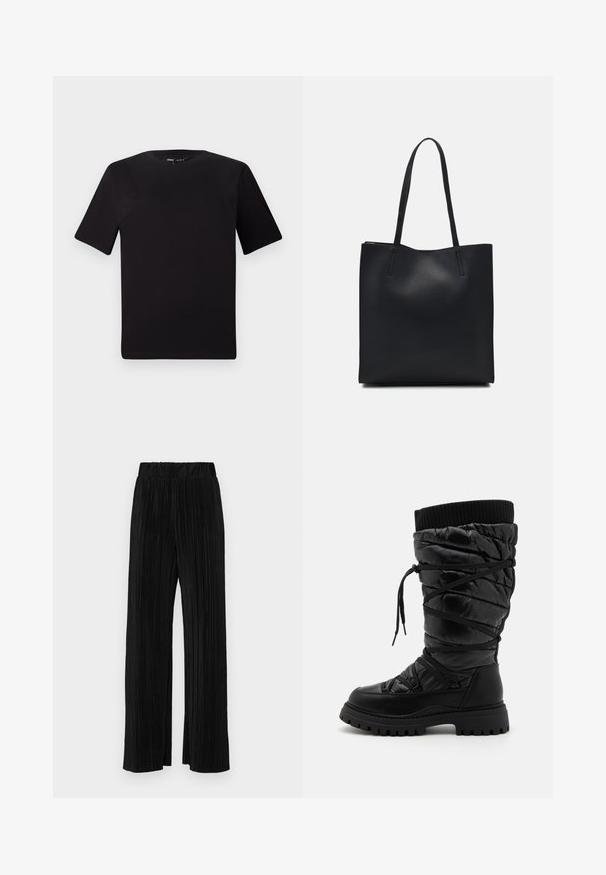 Juodas trumpas rankovės marškinėlis su apvaliu iškirpimu, pagamintas iš minkštos medvilnės medžiagos. Paprastas dizainas, be matomų logotipų ar raštų.; Juodi plisuoti kelnės su elastine juosta. Turėkite plačias kojas ir glotnų, tekstūrinį audinį su vertikaliais dryžiais.; Juodos iki kelių bootai su siuvinėtu raštu, su raišteliais, kontrastine banguota viršutine krašte ir storu, tvirtu padu.; Juodas odinis tote krepšys su lygia tekstūra, stačiakampio formos ir dviem ilgais rankenomis. Matomų metalinių detalių ar puošybos nėra.