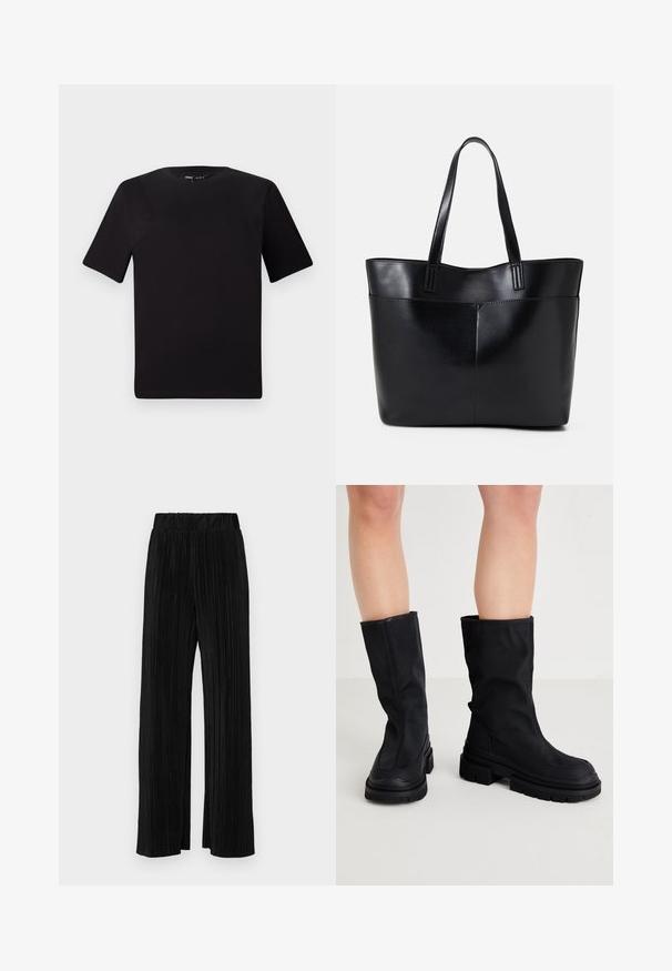 Black short-sleeve t-shirt with a round neckline, crafted from soft cotton fabric. Simple design, no visible logos or patterns.; Black pleated trousers with an elastic waistband. Features wide legs and a smooth, textured fabric with vertical stripes.; Black knee-high boots made of a smooth textile material with a thick rubber sole, featuring a minimalistic design and subtle stitching details.; Black leather tote bag with two long handles, a smooth texture, and a structured shape. Features a front pocket for additional storage.
