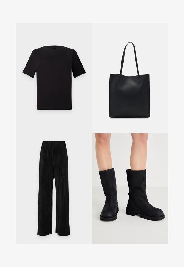 Musta lyhythihainen t-paita pyöreällä kaula-aukolla, valmistettu pehmeästä puuvillakankaasta. Yksinkertainen malli, ei näkyviä logoja tai kuvioita.; Mustat pleatatut housut, joissa on joustava vyötärö. Ominaisuuksiin kuuluvat leveät lahkeet ja sileä, teksturoitu kangas, jossa on pystysuoria raitoja.; Mustat polvimittaiset saappaat, jotka on valmistettu sileästä tekstiilimateriaalista ja joilla on paksu kumipohja. Saappaissa on minimalistinen muotoilu ja hienovaraiset sauman yksityiskohdat.; Mustapahkainen kangaskassi, jossa on sileä pinta, suorakaiteen muotoinen ja kaksi pitkää kahvaa. Ei näkyvää metalliosaa tai koristeita.