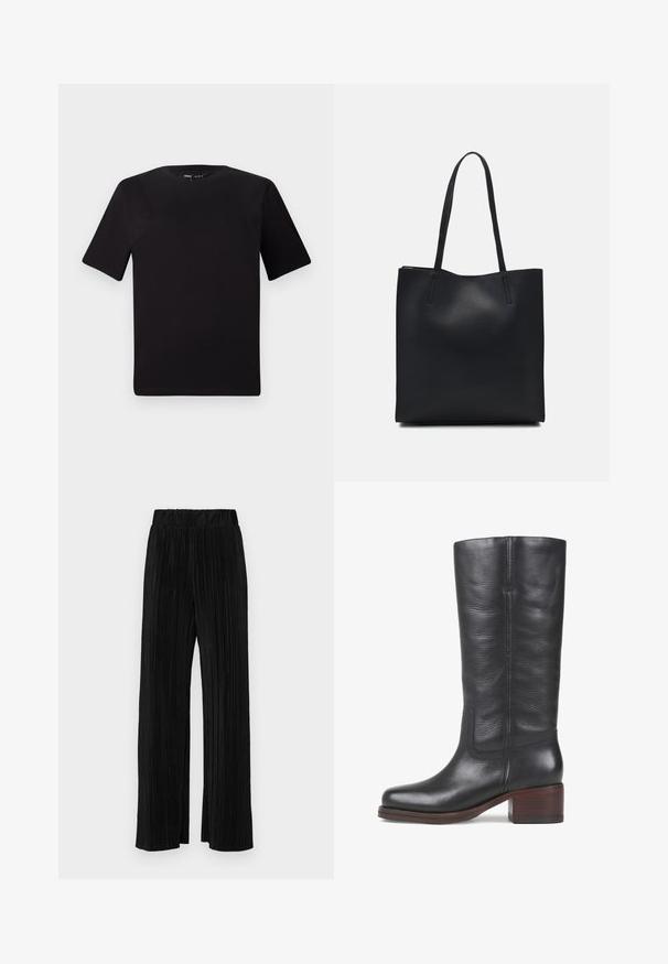 Svart t-skjorte med korte ermer og rund hals, laget av mykt bomullsstoff. Enkelt design, ingen synlige logoer eller mønstre.; Sorte plisserte bukser med elastisk midje. Har vide ben og et glatt, strukturert stoff med vertikale striper.; Sorte lærknæhøje støvler med en glat overflade, firkantet tå og stablet træhæl. Har diskrete syninger og en side søm-design.; Svart lær tote bag med glatt tekstur, rektangulær form og to lange håndtak. Ingen synlige deler eller dekorasjoner.