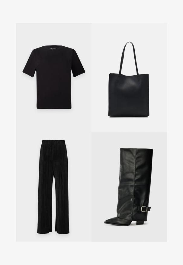 Melnas īsām piedurknēm T-krekls ar apaļu kakla izgriezumu, izgatavots no mīksta kokvilnas auduma. Vienkāršs dizains, bez redzamām logo vai rakstiem.; Melni plīšu bikses ar elastīgu jostu. Tām ir platākas kājas un gluda, teksturēta auduma ar vertikālām svītrām.; Melni ādas potītes zābaki ar asu purngalu, gludu virsmu un sudraba sprādzi uz sāniem. Masīvs kvadrātveida papēdis.; Melnas ādas somiņa ar gludu tekstūru, taisnstūra formu un divām garām rokturiem. Nav redzamu aparatūras vai rotājumu.