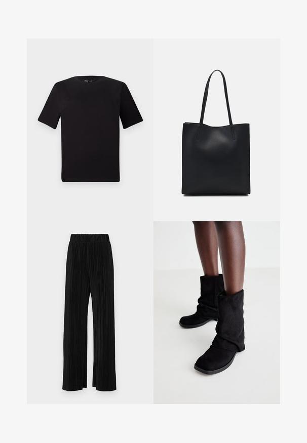 Black short-sleeve t-shirt with a round neckline, crafted from soft cotton fabric. Simple design, no visible logos or patterns.; Black pleated trousers with an elastic waistband. Features wide legs and a smooth, textured fabric with vertical stripes.; Black suede ankle boots with a slouchy design, featuring a flat sole and a square toe, displayed on dark legs against a light background.; Black leather tote bag with smooth texture, rectangular shape, and two long handles. No visible hardware or embellishments.