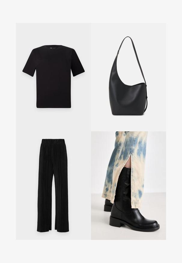 T-shirt noir à manches courtes avec un col rond, fabriqué en coton doux. Design simple, sans logos ni motifs visibles.; Pantalons plissés noirs avec une taille élastique. Présente des jambes larges et un tissu lisse texturé avec des rayures verticales.; RAID TAILORR - Bottes de cowboy / motard - black; Sac hobo en cuir noir avec une texture lisse, une forme incurvée et une seule sangle réglable ; dispose d'une large ouverture en haut.