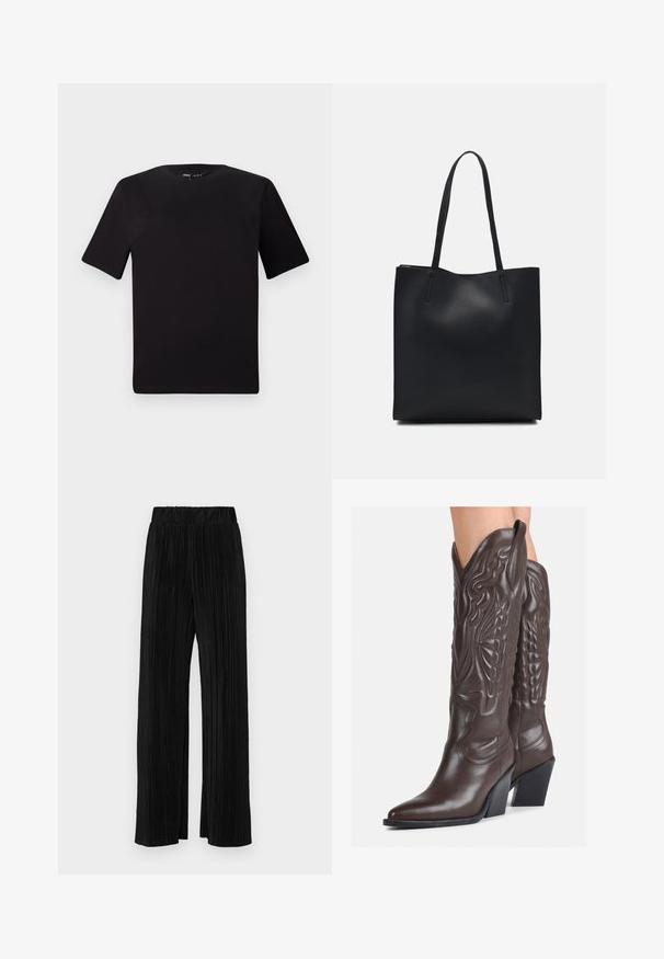 T-shirt preta de mangas curtas com decote redondo, feita de tecido de algodão suave. Design simples, sem logótipos ou padrões visíveis.; Calças pregueadas pretas com uma cintura elástica. Apresentam pernas largas e um tecido liso, texturizado com riscas verticais.; Botas de cowboy em couro castanho com bico pontudo e salto quadrado, apresentando costuras detalhadas e realces elevados no cano.; Bolsa tote preta em couro com textura lisa, forma retangular e duas alças longas. Sem hardware ou enfeites visíveis.