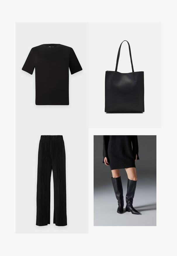 Must olema lühikeste varrukatega must t-särk ümmarguse kaelusega, valmistatud pehmest puuvillast kangast. Lihtne disain, ilma nähtavate logode või mustriteta.; Mustad pleekitud püksid elastse vöökohtaga. Omavad laiad jalad ja sujuvat, tekstureeritud kangast vertikaalsete triipudega.; Mustad nahast üle põlve saapad teravate varvastega, tasaste taldadega ja külgmiste tõmblukkudega. Sile tekstuur, voolujooneline disain ilma kaunistusteta.; Mustast nahast kott sujuva tekstuuriga, ristkülikukujuline ja kahe pika sangaga. Pole nähtavat riistvara ega kaunistusi.