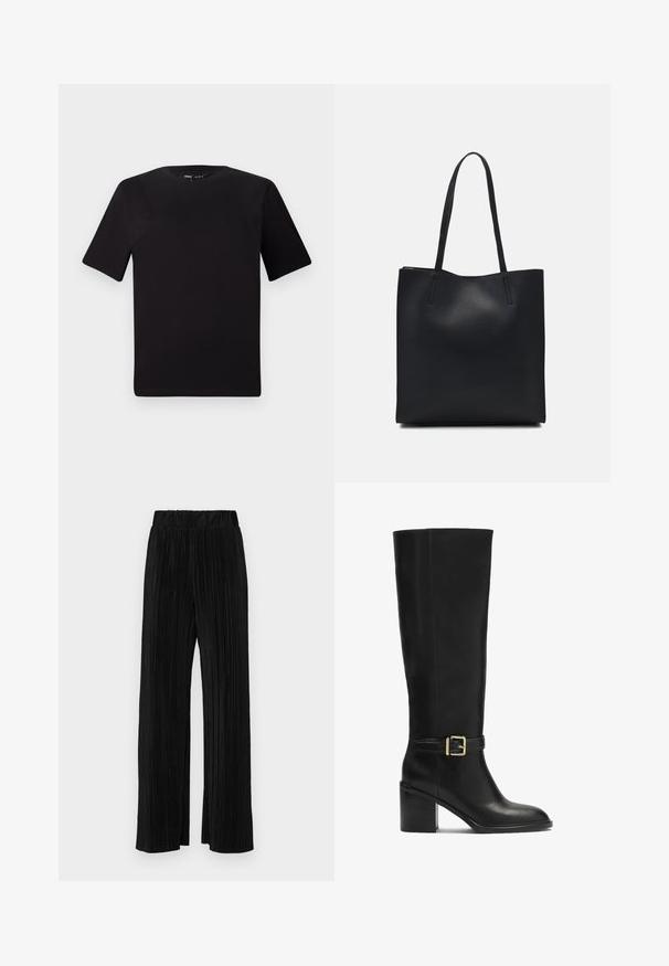 Melnas īsām piedurknēm T-krekls ar apaļu kakla izgriezumu, izgatavots no mīksta kokvilnas auduma. Vienkāršs dizains, bez redzamām logo vai rakstiem.; Melni plīšu bikses ar elastīgu jostu. Tām ir platākas kājas un gluda, teksturēta auduma ar vertikālām svītrām.; Melni zeķuboti līdz ceļiem, kas izgatavotas no gludas ādas, ar blokveida papēdi, zelta sprādzi un elegantu siluetu.; Melnas ādas somiņa ar gludu tekstūru, taisnstūra formu un divām garām rokturiem. Nav redzamu aparatūras vai rotājumu.