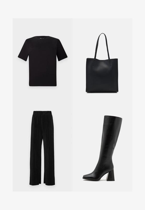 Crna majica kratkih rukava s okruglim izrezom, izrađena od mekane pamučne tkanine. Jednostavan dizajn, bez vidljivih logotipa ili uzoraka.; Crne plisirane hlače s elastičnim pojasom. Imaju široke nogavice i glatku, teksturiranu tkaninu s vertikalnim prugama.; Crne čizme do koljena od glatke kože, s kvadratnim vrhom i debelim, teksturiranim potplatom. Jednostavan i elegantan dizajn.; Crna kožna torba za nošenje s glatkom teksturom, pravokutnim oblikom i dvije duge ručke. Nema vidljivih metalnih dijelova ili ukrasa.