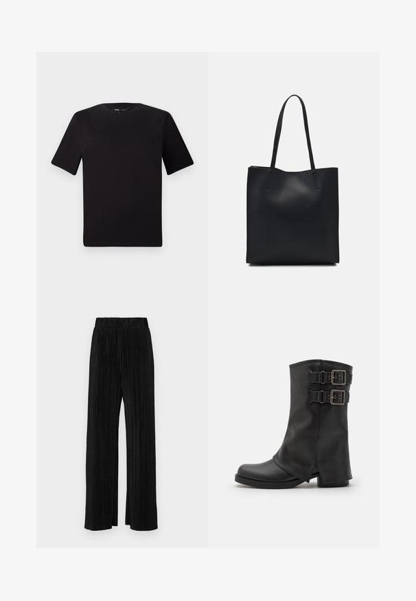 T-shirt preta de mangas curtas com decote redondo, feita de tecido de algodão suave. Design simples, sem logótipos ou padrões visíveis.; Calças pregueadas pretas com uma cintura elástica. Apresentam pernas largas e um tecido liso, texturizado com riscas verticais.; Even&Odd Botas de cowboy/motociclista - black; Bolsa tote preta em couro com textura lisa, forma retangular e duas alças longas. Sem hardware ou enfeites visíveis.