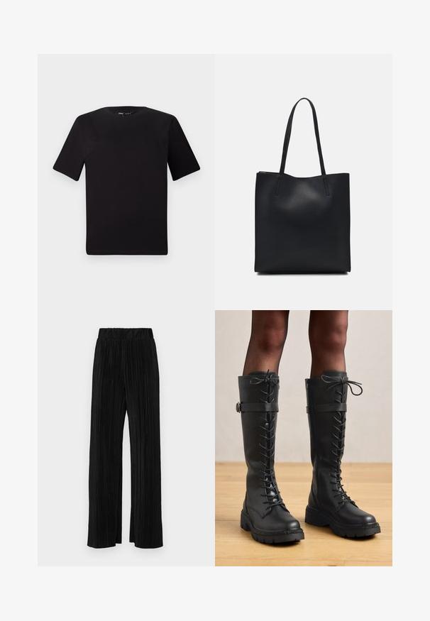 Sort kortærmet t-shirt med rund halsudskæring, lavet af blødt bomuldsstof. Enkel design, ingen synlige logoer eller mønstre.; Sorte plisserede bukser med elastisk talje. Har brede ben og et glat, tekstureret stof med lodrette striber.; Høje sorte læder snørestøvler med knæhøjde, rund tå, tyk struktureret sål samt dekorativ side rem og hardware detalje.; Sort læder tote taske med glat tekstur, rektangulær form og to lange hanke. Ingen synlig hardware eller udsmykninger.