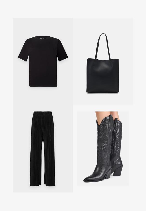 Juodas trumpas rankovės marškinėlis su apvaliu iškirpimu, pagamintas iš minkštos medvilnės medžiagos. Paprastas dizainas, be matomų logotipų ar raštų.; Juodi plisuoti kelnės su elastine juosta. Turėkite plačias kojas ir glotnų, tekstūrinį audinį su vertikaliais dryžiais.; Juodos odinės kaubojų batai su sudėtingais išryškintais raštais, smailiu pirštu ir masyviu kulnu. Yra siūti akcentai ir traukimo kilpos.; Juodas odinis tote krepšys su lygia tekstūra, stačiakampio formos ir dviem ilgais rankenomis. Matomų metalinių detalių ar puošybos nėra.