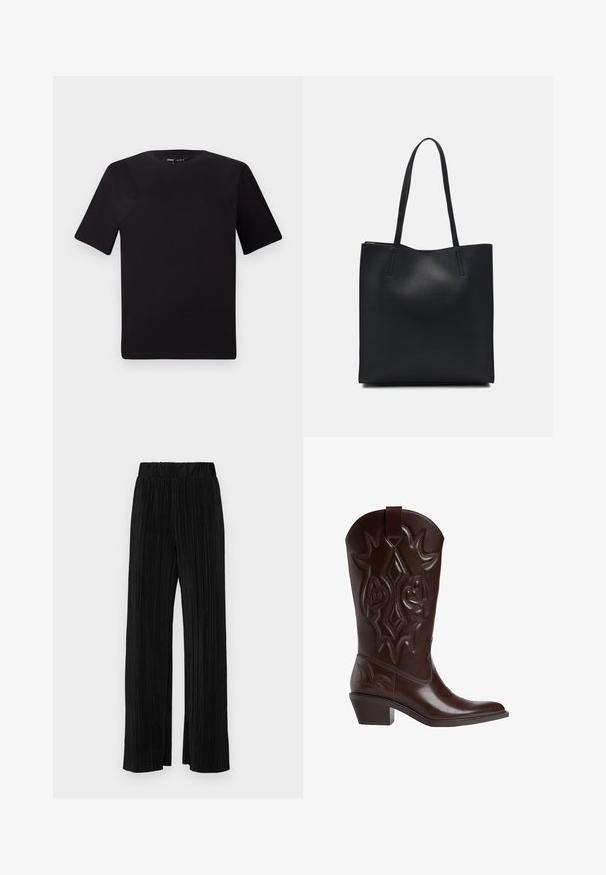 Crna majica kratkih rukava s okruglim izrezom, izrađena od mekane pamučne tkanine. Jednostavan dizajn, bez vidljivih logotipa ili uzoraka.; Crne plisirane hlače s elastičnim pojasom. Imaju široke nogavice i glatku, teksturiranu tkaninu s vertikalnim prugama.; Tamno smeđe kožne kaubojske čizme s ukrasnim šavovima, s oštrim vrhom, srednje visokom potpeticom s nagomilanim slojevima i s petljom za povlačenje na vrhu.; Crna kožna torba za nošenje s glatkom teksturom, pravokutnim oblikom i dvije duge ručke. Nema vidljivih metalnih dijelova ili ukrasa.