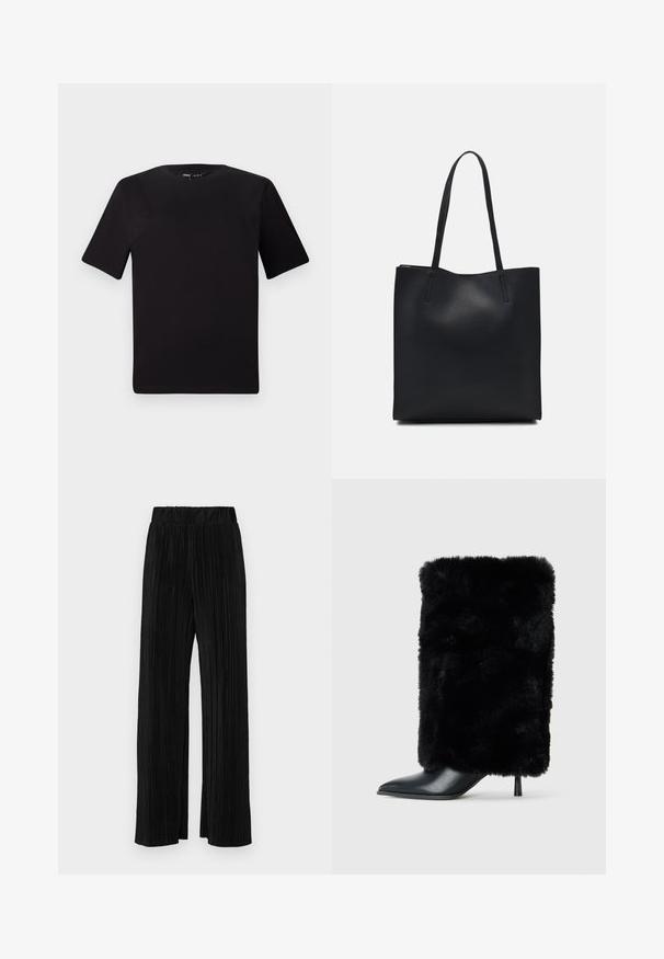 T-shirt preta de mangas curtas com decote redondo, feita de tecido de algodão suave. Design simples, sem logótipos ou padrões visíveis.; Calças pregueadas pretas com uma cintura elástica. Apresentam pernas largas e um tecido liso, texturizado com riscas verticais.; Bota preta até ao tornozelo com bico fino e salto stiletto, apresentando um eixo de pelúcia preta em pele sintética. Acento de pele lisa na ponta.; Bolsa tote preta em couro com textura lisa, forma retangular e duas alças longas. Sem hardware ou enfeites visíveis.