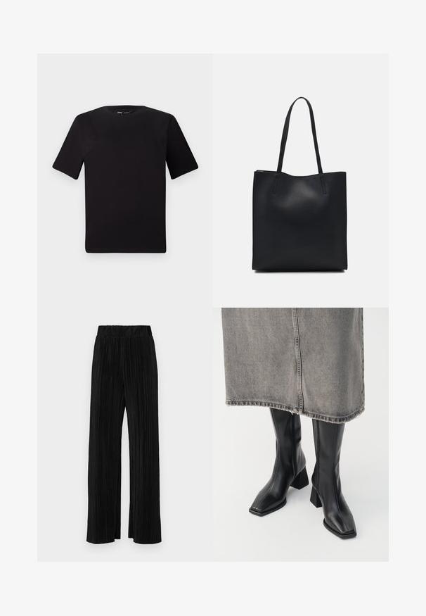 Melnas īsām piedurknēm T-krekls ar apaļu kakla izgriezumu, izgatavots no mīksta kokvilnas auduma. Vienkāršs dizains, bez redzamām logo vai rakstiem.; Melni plīšu bikses ar elastīgu jostu. Tām ir platākas kājas un gluda, teksturēta auduma ar vertikālām svītrām.; Melnas ceļgala augstuma zābaki izgatavoti no gludas ādas ar kvadrātveida purngalu un bloku papēdi. Valkāti ar pelēku denima svārku ar plīsu malu.; Melnas ādas somiņa ar gludu tekstūru, taisnstūra formu un divām garām rokturiem. Nav redzamu aparatūras vai rotājumu.