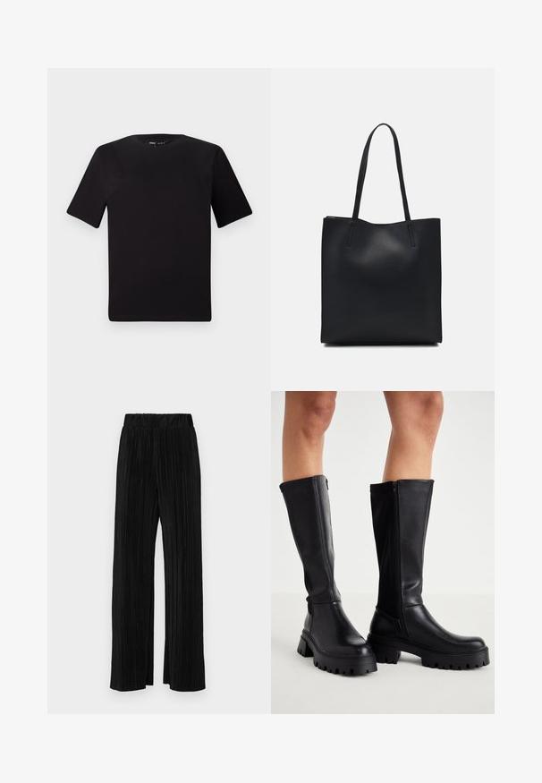 T-shirt nera a maniche corte con scollatura rotonda, realizzata in morbido cotone. Design semplice, senza loghi o motivi visibili.; Pantaloni neri a plissé con vita elasticizzata. Presentano gamba ampia e un tessuto liscio e texture con strisce verticali.; Stivali neri al ginocchio realizzati in morbida pelle sintetica, con una suola spessa, chiusura laterale a zip e puntale arrotondato.; Borsa tote in pelle nera con texture liscia, forma rettangolare e due manici lunghi. Nessun hardware o decorazione visibile.