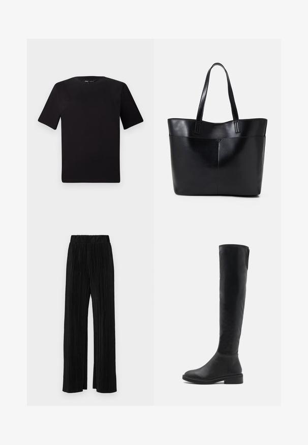 Must olema lühikeste varrukatega must t-särk ümmarguse kaelusega, valmistatud pehmest puuvillast kangast. Lihtne disain, ilma nähtavate logode või mustriteta.; Mustad pleekitud püksid elastse vöökohtaga. Omavad laiad jalad ja sujuvat, tekstureeritud kangast vertikaalsete triipudega.; Must must üle põlve saabas, mis on valmistatud sileda kunstnahaga, ümarate varvastega, madala plokknööriga ja kontrastse õmblusega üleval serval.; Must mustaga musta nahast, millel on kaks pikka kanda, sile tekstuur ja struktureeritud kuju. Esipoolsel on lisakoti jaoks tasku.