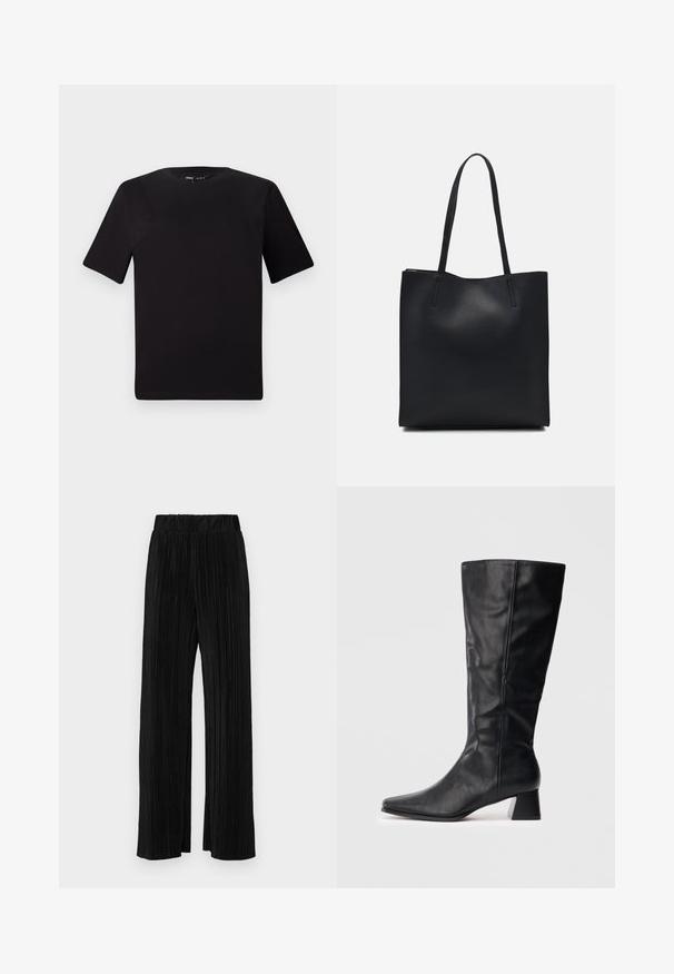 Schwarzes T-Shirt mit kurzen Ärmeln und Rundhalsausschnitt, aus weichem Baumwollmaterial gefertigt. Schlichtes Design, keine sichtbaren Logos oder Muster.; Schwarze plissierte Hose mit elastischem Bund. Verfügt über weite Hosenbeine und einen glatten, strukturierten Stoff mit vertikalen Streifen.; Schwarze Lederstiefel in Knöchelhöhe mit spitzer Zehe und Blockabsatz auf schlichtem, hellen Hintergrund.; Schwarze Laptoptasche aus Leder mit glatter Textur, rechteckiger Form und zwei langen Griffen. Keine sichtbaren Beschläge oder Verzierungen.