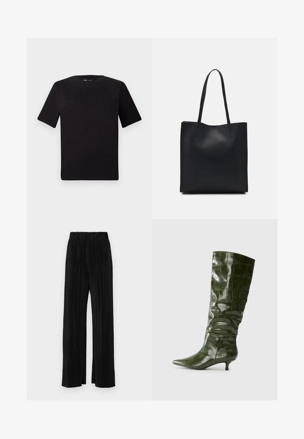 Juodas trumpas rankovės marškinėlis su apvaliu iškirpimu, pagamintas iš minkštos medvilnės medžiagos. Paprastas dizainas, be matomų logotipų ar raštų.; Juodi plisuoti kelnės su elastine juosta. Turėkite plačias kojas ir glotnų, tekstūrinį audinį su vertikaliais dryžiais.; Aukštos, tamsiai žalios krokodilo odos botai su smailiu nosiu ir žemu kitten kulnu, rodomi iš šono ant paprasto fono.; Juodas odinis tote krepšys su lygia tekstūra, stačiakampio formos ir dviem ilgais rankenomis. Matomų metalinių detalių ar puošybos nėra.