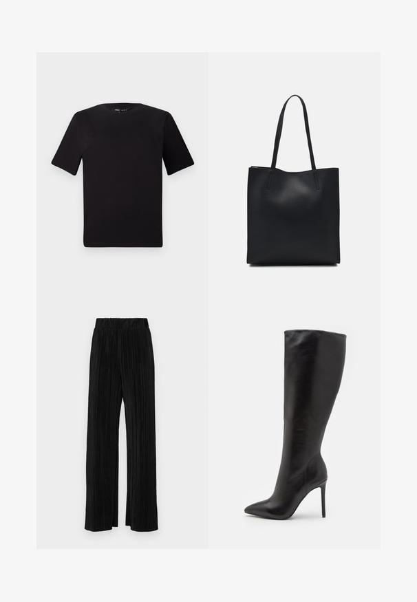 T-shirt nera a maniche corte con scollatura rotonda, realizzata in morbido cotone. Design semplice, senza loghi o motivi visibili.; Pantaloni neri a plissé con vita elasticizzata. Presentano gamba ampia e un tessuto liscio e texture con strisce verticali.; Stivali neri alti fino al ginocchio con tacco alto realizzati in pelle liscia, caratterizzati da una punta a punta e un fusto affusolato e slanciato.; Borsa tote in pelle nera con texture liscia, forma rettangolare e due manici lunghi. Nessun hardware o decorazione visibile.