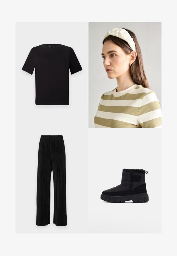 T-shirt preta de mangas curtas com decote redondo, feita de tecido de algodão suave. Design simples, sem logótipos ou padrões visíveis.; Calças pregueadas pretas com uma cintura elástica. Apresentam pernas largas e um tecido liso, texturizado com riscas verticais.; Botas de tornozelo isoladas, em preto, com parte superior acolchoada, detalhes em camurça, sola de borracha texturizada e um colarinho de pele falsa para maior aquecimento.; Fita de cabelo almofadada em creme com design torcido, acompanhada de uma camisa às riscas bege e branca com escote redondo. Acentos discretos em joias.
