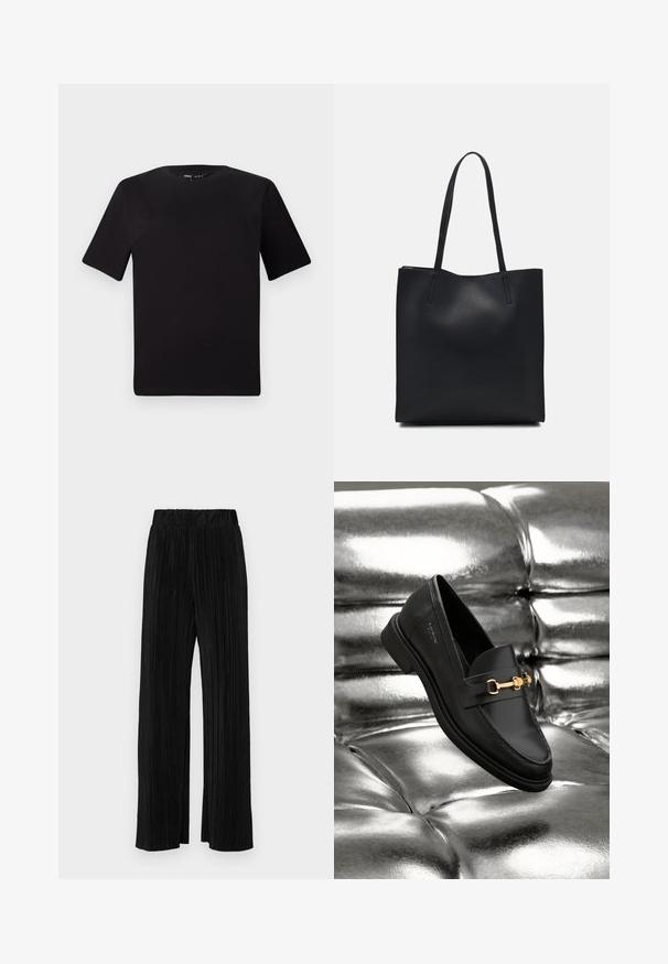 Schwarzes T-Shirt mit kurzen Ärmeln und Rundhalsausschnitt, aus weichem Baumwollmaterial gefertigt. Schlichtes Design, keine sichtbaren Logos oder Muster.; Schwarze plissierte Hose mit elastischem Bund. Verfügt über weite Hosenbeine und einen glatten, strukturierten Stoff mit vertikalen Streifen.; Schwarze Leder-Loafer mit goldfarbener Hardware. Der Schuh zeichnet sich durch ein elegantes Design und eine glatte, glänzende Oberfläche aus.; Schwarze Laptoptasche aus Leder mit glatter Textur, rechteckiger Form und zwei langen Griffen. Keine sichtbaren Beschläge oder Verzierungen.