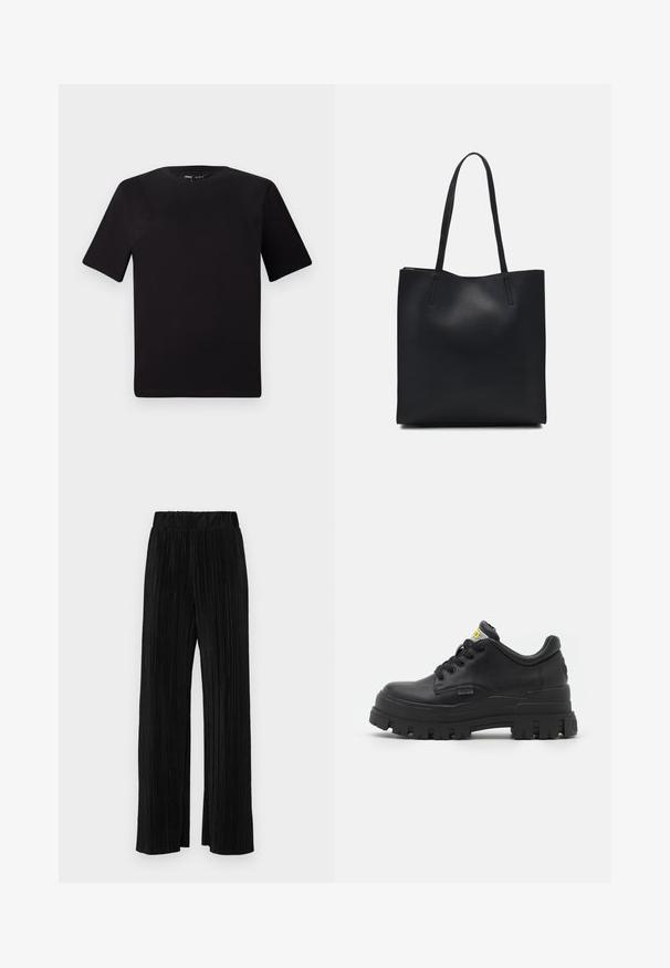 Černé tričko s krátkým rukávem a kulatým výstřihem, vyrobené z měkké bavlněné látky. Jednoduchý design, žádné viditelné logo nebo vzory.; Černé plisované kalhoty s elastickým pasem. Mají široké nohavice a hladkou, strukturovanou tkaninu s vertikálními pruhy.; Černé kožené tenisky s robustní gumovou podrážkou, zaoblenou špičkou, šněrováním a logem na boku.; Černá kožená taška přes rameno s hladkým povrchem, obdélníkovým tvarem a dvěma dlouhými uchy. Žádné viditelné kování ani ozdoby.