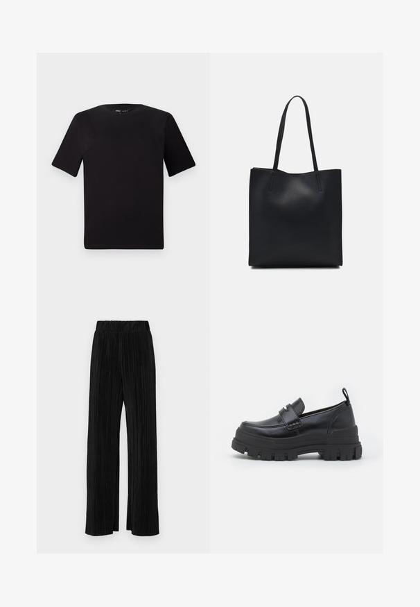 Camiseta negra de manga corta con cuello redondo, fabricada en suave algodón. Diseño simple, sin logos ni patrones visibles.; Pantalones negros de pliegues con una cintura elástica. Presentan piernas anchas y una tela suave y texturada con rayas verticales.; Zapato negro de cuero tipo slip-on con una suela de goma negra gruesa. Presenta una correa ancha en la parte frontal y un diseño cosido alrededor del dedo del pie.; Bolso tote de cuero negro con textura lisa, forma rectangular y dos asas largas. Sin herrajes ni adornos visibles.