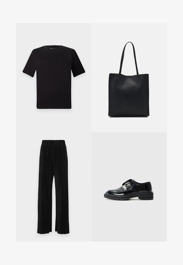 T-shirt preta de mangas curtas com decote redondo, feita de tecido de algodão suave. Design simples, sem logótipos ou padrões visíveis.; Calças pregueadas pretas com uma cintura elástica. Apresentam pernas largas e um tecido liso, texturizado com riscas verticais.; Mocassim de couro preto brilhante com uma fivela prateada e sola de borracha grossa com padrão antiderrapante, mostrado de perfil sobre um fundo branco.; Bolsa tote preta em couro com textura lisa, forma retangular e duas alças longas. Sem hardware ou enfeites visíveis.