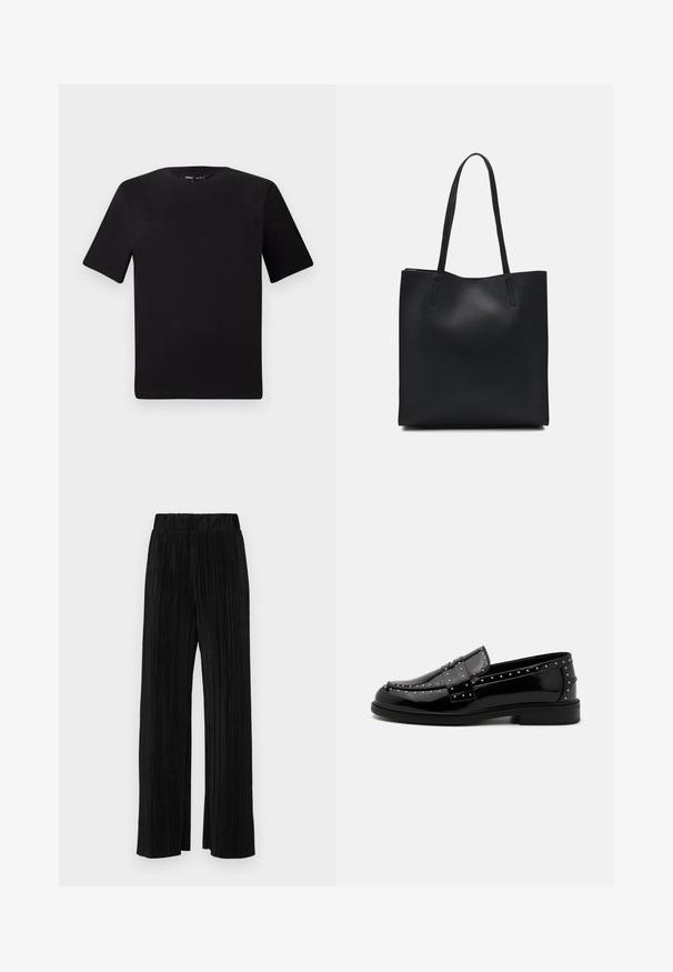 Sort kortærmet t-shirt med rund halsudskæring, lavet af blødt bomuldsstof. Enkel design, ingen synlige logoer eller mønstre.; Sorte plisserede bukser med elastisk talje. Har brede ben og et glat, tekstureret stof med lodrette striber.; Sorte patenterede læder loafers med sølvfarvede metalstjerner langs overdelen og hælen, der har en glat finish og en lav, blokhælkonstruktion.; Sort læder tote taske med glat tekstur, rektangulær form og to lange hanke. Ingen synlig hardware eller udsmykninger.