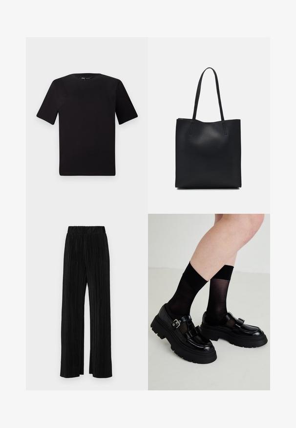 Čierne tričko s krátkym rukávom a okrúhlym výstrihom, vyrobené z mäkkej bavlny. Jednoduchý dizajn, bez viditeľných log alebo vzorov.; Čierne plisované nohavice s elastickým pásom. Majú široké nohavice a hladkú, textúrovanú látku s vertikálnymi pruhmi.; Čierne lakované kožené topánky s hrubou podrážkou, dvoma dekoračnými prúžkami a prackou, doplnené o priestransparentné čierne ponožky.; Čierna kožená taška na rameno s hladkým povrchom, obdĺžnikovým tvarom a dvoma dlhými uchami. Bez viditeľného kovania alebo ozdôb.
