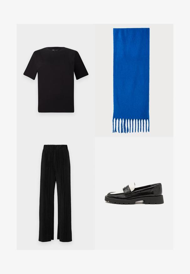 Svart kortärmad t-shirt med rund halsringning, tillverkad i mjukt bomullstyg. Enkelt mönster, utan synliga logotyper eller mönster.; Svarta plisserade byxor med resårmidja. Har vida ben och ett mjukt, texturerat material med vertikala ränder.; Svartvita läderloafers med texturerad ovandel, rund tå och kraftig svart gummisula med mönster.; Blå fransad scarf gjord av mjukt tyg; har en enhetlig färg med en texturerad yta och jämnt klippta fransar i botten.; Svart lädertoffelväska med slät textur, rektangulär form och två långa handtag. Ingen synlig hårdvara eller dekorationer.