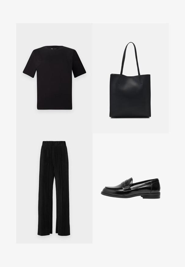Czarna koszulka z krótkim rękawem o okrągłym dekolcie, wykonana z miękkiej bawełny. Prosty design, bez widocznych logo ani wzorów.; Czarne spodnie plisowane z elastycznym paskiem w talii. Posiadają szerokie nogawki oraz gładki, teksturowany materiał z pionowymi paskami.; Czarne skórzane loafersy o gładkim wykończeniu, zaokrąglonym nosie i dekoracyjnym przeszyciu z przodu. Płaska gumowa podeszwa, klasyczny design.; Czarna skórzana torba tote o gładkiej fakturze, prostokątnym kształcie i dwóch długich uchwytach. Brak widocznych elementów metalowych i ozdób.