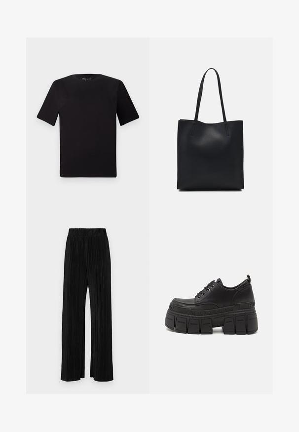 T-shirt nera a maniche corte con scollatura rotonda, realizzata in morbido cotone. Design semplice, senza loghi o motivi visibili.; Pantaloni neri a plissé con vita elasticizzata. Presentano gamba ampia e un tessuto liscio e texture con strisce verticali.; Sneaker platform nere con tomaia in pelle liscia, chiusura con lacci, suola in gomma spessa e dettaglio con marchio sul lato.; Borsa tote in pelle nera con texture liscia, forma rettangolare e due manici lunghi. Nessun hardware o decorazione visibile.