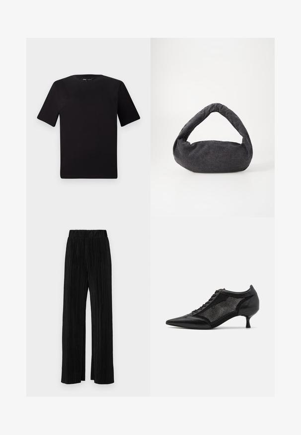 Black short-sleeve t-shirt with a round neckline, crafted from soft cotton fabric. Simple design, no visible logos or patterns.; Black pleated trousers with an elastic waistband. Features wide legs and a smooth, textured fabric with vertical stripes.; Black pointed-toe shoe with a mesh panel design, featuring a low heel and lace-up front. Made from a combination of leather and mesh material.; Dark gray fabric bag with a curved handle, soft texture, and rounded shape. No visible hardware or embellishments.