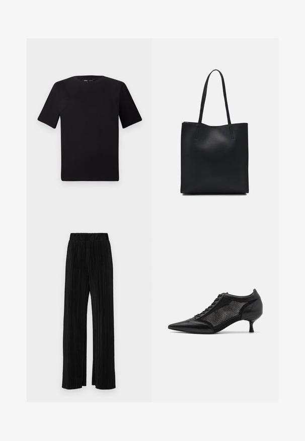 Crna majica kratkih rukava s okruglim izrezom, izrađena od mekane pamučne tkanine. Jednostavan dizajn, bez vidljivih logotipa ili uzoraka.; Crne plisirane hlače s elastičnim pojasom. Imaju široke nogavice i glatku, teksturiranu tkaninu s vertikalnim prugama.; Crne cipele s oštrom nazubljenom petom i mrežastim panelom, sa niskom petom i vezanjem sprijeda. Izrađene od kombinacije kože i mrežastog materijala.; Crna kožna torba za nošenje s glatkom teksturom, pravokutnim oblikom i dvije duge ručke. Nema vidljivih metalnih dijelova ili ukrasa.