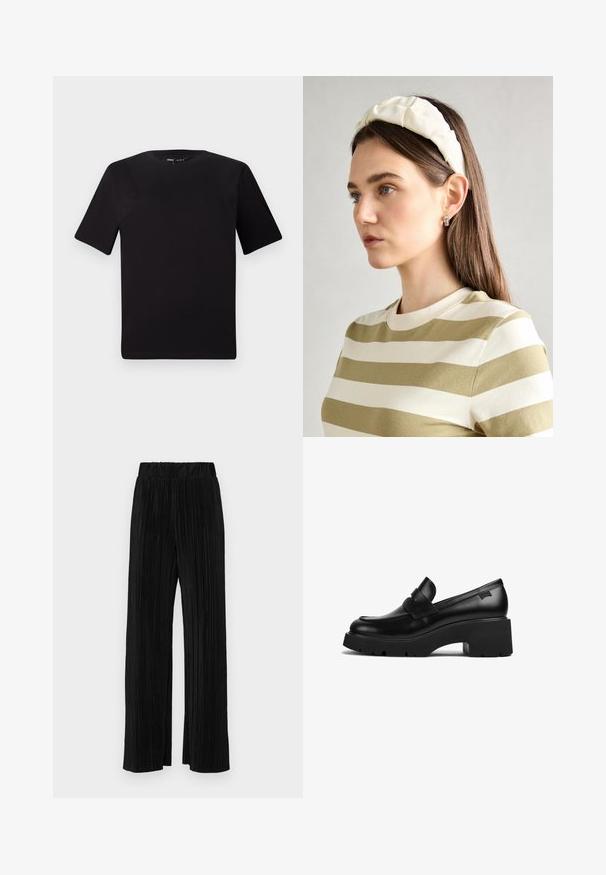 Camiseta negra de manga corta con cuello redondo, fabricada en suave algodón. Diseño simple, sin logos ni patrones visibles.; Pantalones negros de pliegues con una cintura elástica. Presentan piernas anchas y una tela suave y texturada con rayas verticales.; Mocasín de cuero negro con tacón grueso y suela gruesa, con un detalle de correa en la parte superior, mostrado de lado sobre un fondo blanco.; Diadema acolchada crema con diseño trenzado, acompañada de una camiseta de rayas beige y blanca con cuello redondo. Sutiles acentos de joyería.