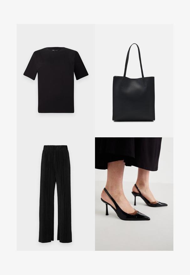 Czarna koszulka z krótkim rękawem o okrągłym dekolcie, wykonana z miękkiej bawełny. Prosty design, bez widocznych logo ani wzorów.; Czarne spodnie plisowane z elastycznym paskiem w talii. Posiadają szerokie nogawki oraz gładki, teksturowany materiał z pionowymi paskami.; Czarne lakierowane szpilki typu slingback z ostrymi noskami i przezroczystymi wycięciami z przodu, umieszczone na gładkiej jasnej powierzchni.; Czarna skórzana torba tote o gładkiej fakturze, prostokątnym kształcie i dwóch długich uchwytach. Brak widocznych elementów metalowych i ozdób.