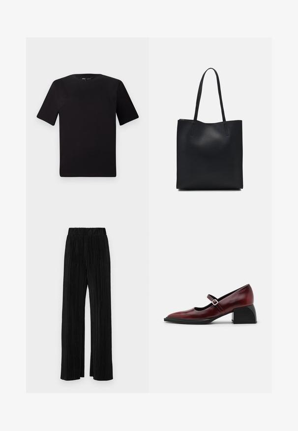 Black short-sleeve t-shirt with a round neckline, crafted from soft cotton fabric. Simple design, no visible logos or patterns.; Black pleated trousers with an elastic waistband. Features wide legs and a smooth, textured fabric with vertical stripes.; Burgundy leather Mary Jane shoe with a pointed toe, a side buckle strap, and a chunky black heel. Smooth finish with a slight shine.; Black leather tote bag with smooth texture, rectangular shape, and two long handles. No visible hardware or embellishments.