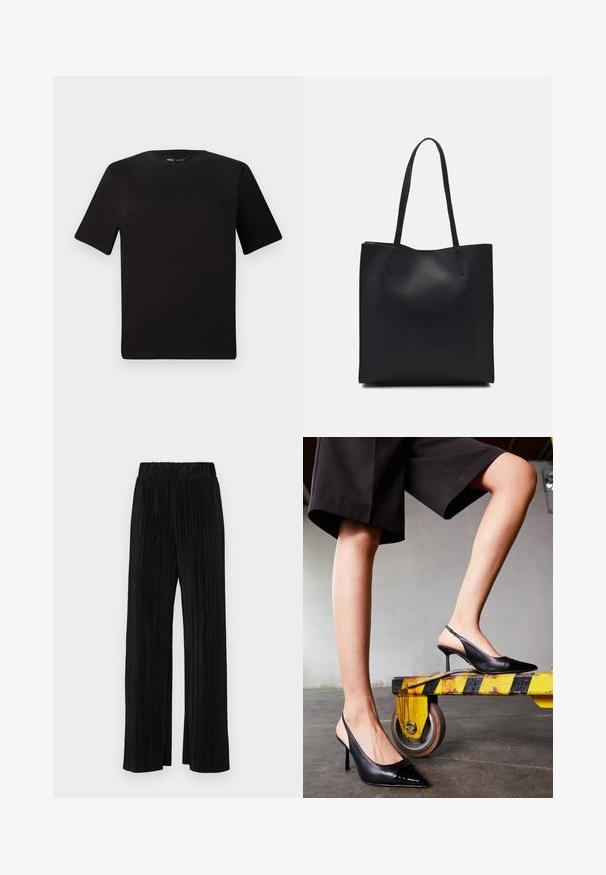Crna majica kratkih rukava s okruglim izrezom, izrađena od mekane pamučne tkanine. Jednostavan dizajn, bez vidljivih logotipa ili uzoraka.; Crne plisirane hlače s elastičnim pojasom. Imaju široke nogavice i glatku, teksturiranu tkaninu s vertikalnim prugama.; Crne slingback potpetice s šiljastim vrhom, s sjajnim lakiranim vrhom. Stiletto potpetica, glatki kožni dizajn i minimalistički silueta.; Crna kožna torba za nošenje s glatkom teksturom, pravokutnim oblikom i dvije duge ručke. Nema vidljivih metalnih dijelova ili ukrasa.