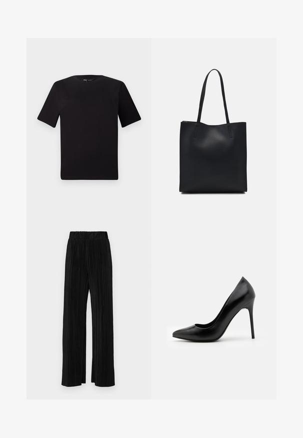 Fekete, rövid ujjú póló, kerek nyakkal, puha pamutból készült. Egyszerű dizájn, nincs látható logó vagy minta.; Fekete pliszírozott nadrág gumis derekkal. Széles lábakkal rendelkezik, sima, texturált anyagból készült, függőleges csíkokkal.; Fekete bőr magassarkú cipő, hegyes orral és sima felülettel. Jellemzője a vékony stiletto sarkú és alacsony vágású vamp kialakítás.; Fekete bőrtáska sima felszínnel, téglalap alakú, két hosszú füllel. Nincs látható fémkiegészítő vagy díszítés.