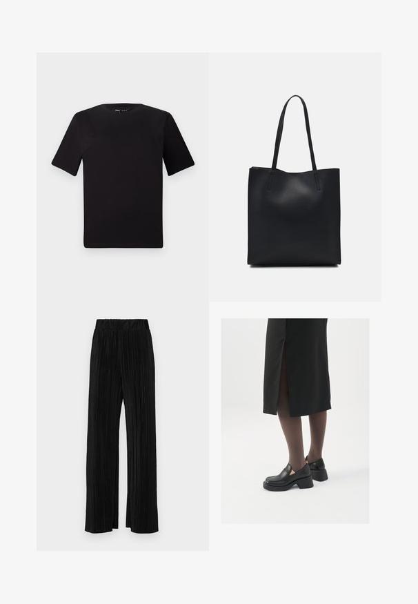 Tricou scurt negru cu mânecă scurtă și guler rotund, realizat dintr-un material de bumbac moale. Design simplu, fără logo-uri sau modele vizibile.; Pantaloni negri plisati cu talie elastică. Prezintă picioare largi și un material neted, texturat, cu dungi verticale.; Pantofi din piele neagră cu vârful rotund, toc bloc gros și accente elastice pe lateral, asortați cu colanți închiși la culoare și o fustă neagră cu o fanta.; Geantă tote neagră din piele, cu textură netedă, formă rectangulară și două mânere lungi. Fără hardware vizibil sau ornamente.