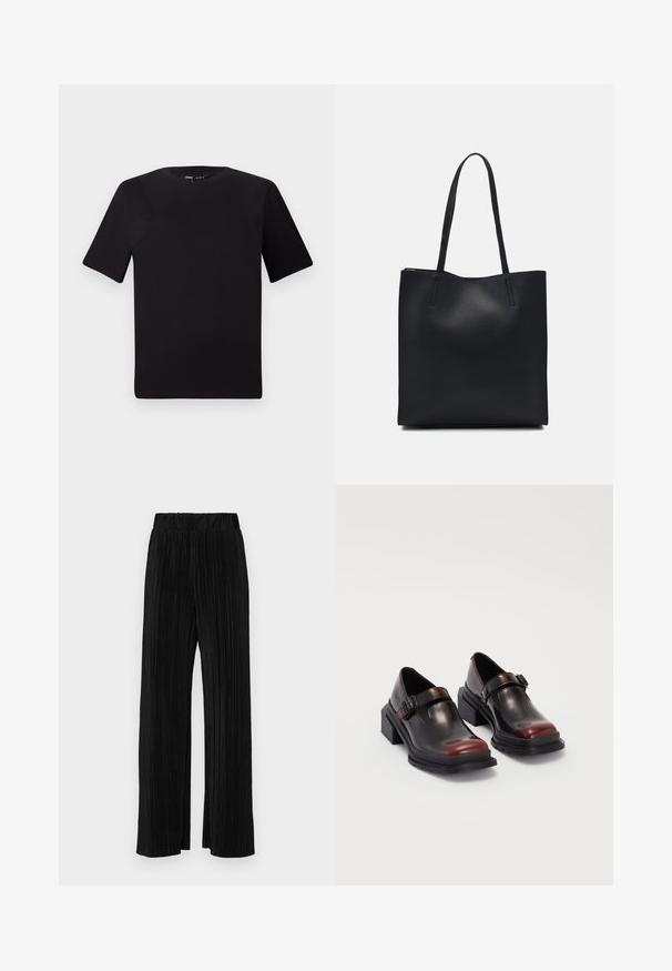 Čierne tričko s krátkym rukávom a okrúhlym výstrihom, vyrobené z mäkkej bavlny. Jednoduchý dizajn, bez viditeľných log alebo vzorov.; Čierne plisované nohavice s elastickým pásom. Majú široké nohavice a hladkú, textúrovanú látku s vertikálnymi pruhmi.; Kožené topánky na blokovom podpätku s lesklým tmavo burgundským povrchom, so zapínaním na pracku a zaobleným špicom. Štruktúrovaná podošva pre lepšiu priľnavosť.; Čierna kožená taška na rameno s hladkým povrchom, obdĺžnikovým tvarom a dvoma dlhými uchami. Bez viditeľného kovania alebo ozdôb.