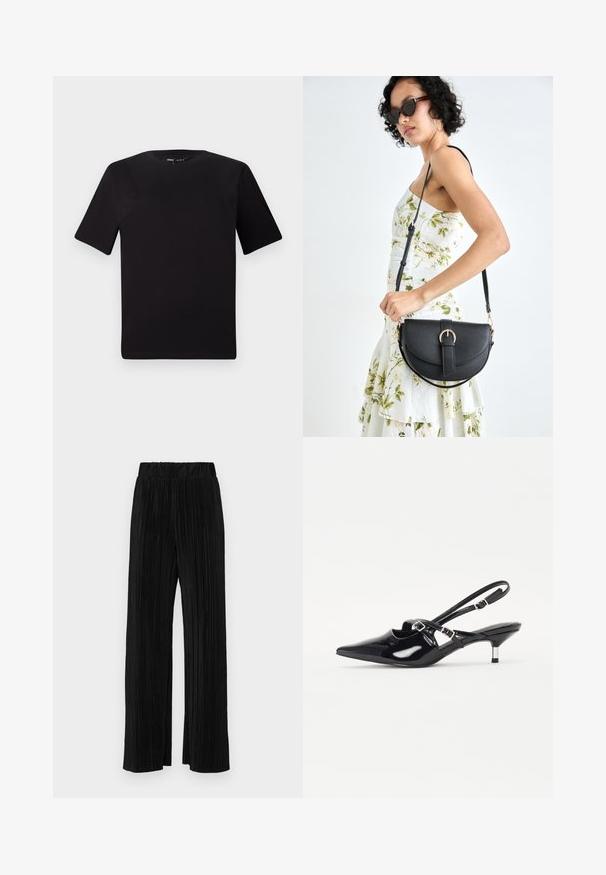 Schwarzes T-Shirt mit kurzen Ärmeln und Rundhalsausschnitt, aus weichem Baumwollmaterial gefertigt. Schlichtes Design, keine sichtbaren Logos oder Muster.; Schwarze plissierte Hose mit elastischem Bund. Verfügt über weite Hosenbeine und einen glatten, strukturierten Stoff mit vertikalen Streifen.; Schwarze Lackleder-Slingback-Schuhe mit spitzem Zehenbereich, schmalem Absatz und verstellbarem Riemen über dem Spann. Glatte Textur.; Schwarze Lederhandtasche mit geschwungener Form, abnehmbarem Tragegurt und goldenen Beschlägen. Die Tasche verfügt über einen Deckel mit einer Schnallen-Details.