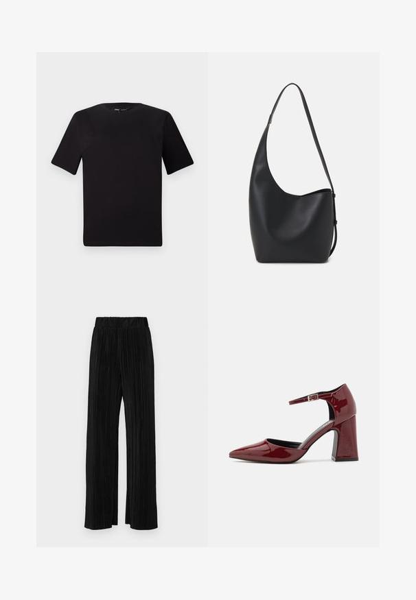 Camiseta negra de manga corta con cuello redondo, fabricada en suave algodón. Diseño simple, sin logos ni patrones visibles.; Pantalones negros de pliegues con una cintura elástica. Presentan piernas anchas y una tela suave y texturada con rayas verticales.; Zapatos de tacón alto de charol burdeos con punta afilada y tira en el tobillo, con un tacón cuadrado y textura suave.; Bolso tipo hobo de cuero negro con una textura suave, forma curvada y una sola correa ajustable; presenta una amplia apertura en la parte superior.