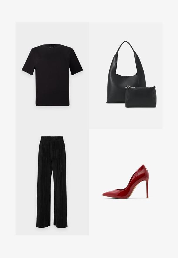 Sort kortærmet t-shirt med rund halsudskæring, lavet af blødt bomuldsstof. Enkel design, ingen synlige logoer eller mønstre.; Sorte plisserede bukser med elastisk talje. Har brede ben og et glat, tekstureret stof med lodrette striber.; Rød laklæder sandale med høj hæl, spids tå, glat overflade og en slank stiletto-hæl med en beige sål.; Even&Odd Håndtasker - black