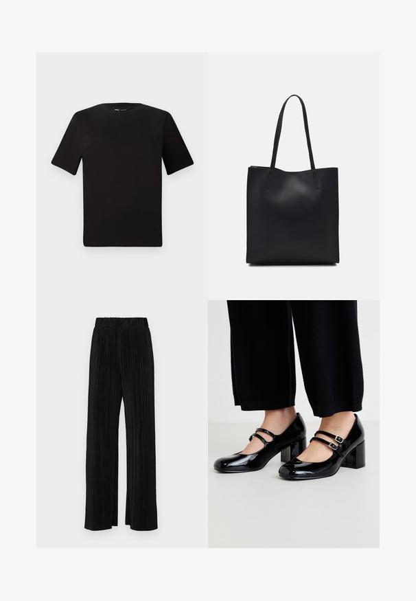 Melnas īsām piedurknēm T-krekls ar apaļu kakla izgriezumu, izgatavots no mīksta kokvilnas auduma. Vienkāršs dizains, bez redzamām logo vai rakstiem.; Melni plīšu bikses ar elastīgu jostu. Tām ir platākas kājas un gluda, teksturēta auduma ar vertikālām svītrām.; Melnās patentā ādas Mary Jane kurpes ar divām regulējamām siksnām, kvadrātveida purngalu un masīlu papēdi, novietotas uz gaišas virsmas.; Melnas ādas somiņa ar gludu tekstūru, taisnstūra formu un divām garām rokturiem. Nav redzamu aparatūras vai rotājumu.