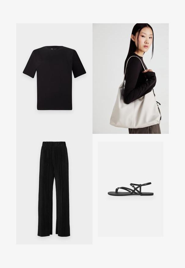 Fekete, rövid ujjú póló, kerek nyakkal, puha pamutból készült. Egyszerű dizájn, nincs látható logó vagy minta.; Fekete pliszírozott nadrág gumis derekkal. Széles lábakkal rendelkezik, sima, texturált anyagból készült, függőleges csíkokkal.; Fekete szandálok lapos talppal, több vékony pánttal és csat részlettel. Simább textúrával és minimalista dizájnnal rendelkezik.; Puha anyagból készült bézs kézitáska, laza dizájnnal, varrott részletekkel és két vállpánttal. Mindennapi használatra alkalmas.