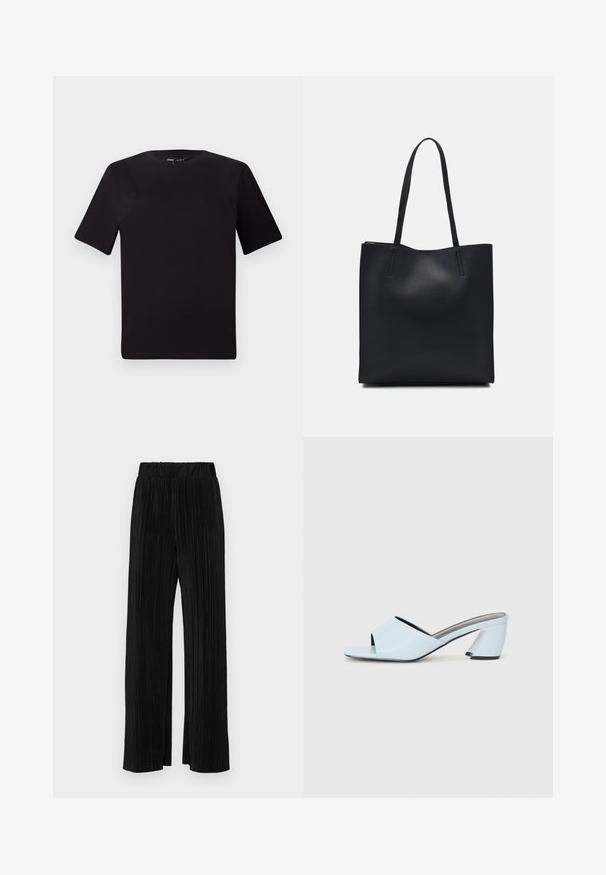 Black short-sleeve t-shirt with a round neckline, crafted from soft cotton fabric. Simple design, no visible logos or patterns.; Black pleated trousers with an elastic waistband. Features wide legs and a smooth, textured fabric with vertical stripes.; Light blue open-toe heeled mules with a geometric design, featuring a wide strap across the foot and a chunky, angular heel.; Black leather tote bag with smooth texture, rectangular shape, and two long handles. No visible hardware or embellishments.